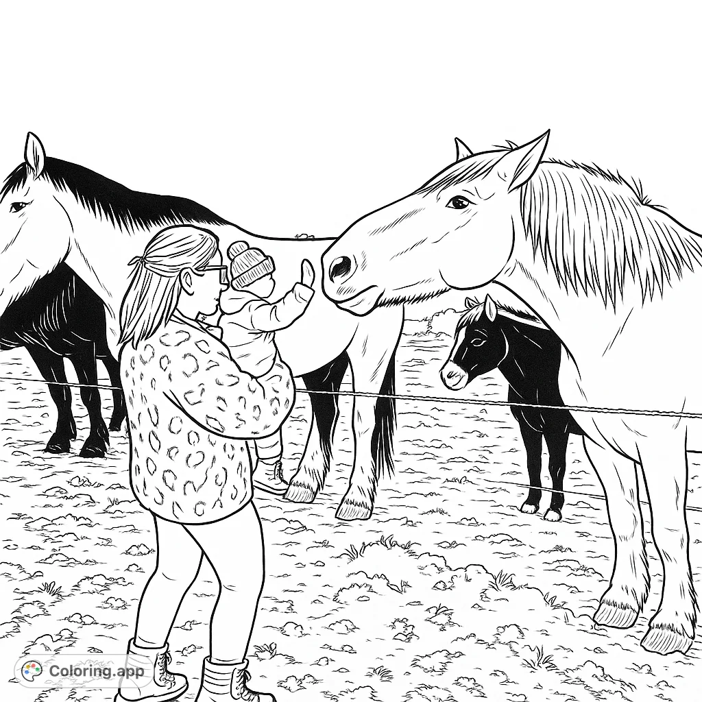 A heartwarming scene of a woman holding a child, interacting with friendly horses and a donkey in a snowy field, perfect for coloring.