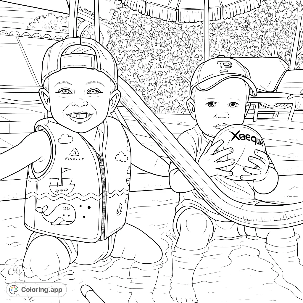Two cheerful children enjoy a splash in the pool, ready for a fun coloring adventure. Perfect for young artists!