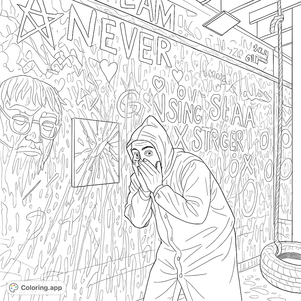 Dive into a vibrant abstract paint splatter room coloring page! A person in a raincoat stands amidst chaotic, colorful art, ready for your creative touch.