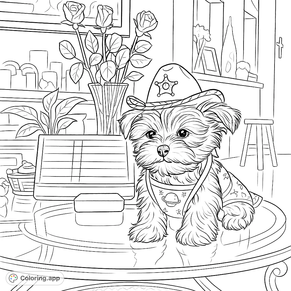 An adorable Yorkshire Terrier puppy dressed in a cute pink cowboy hat and matching outfit, ready for a fun coloring adventure on a glass table.