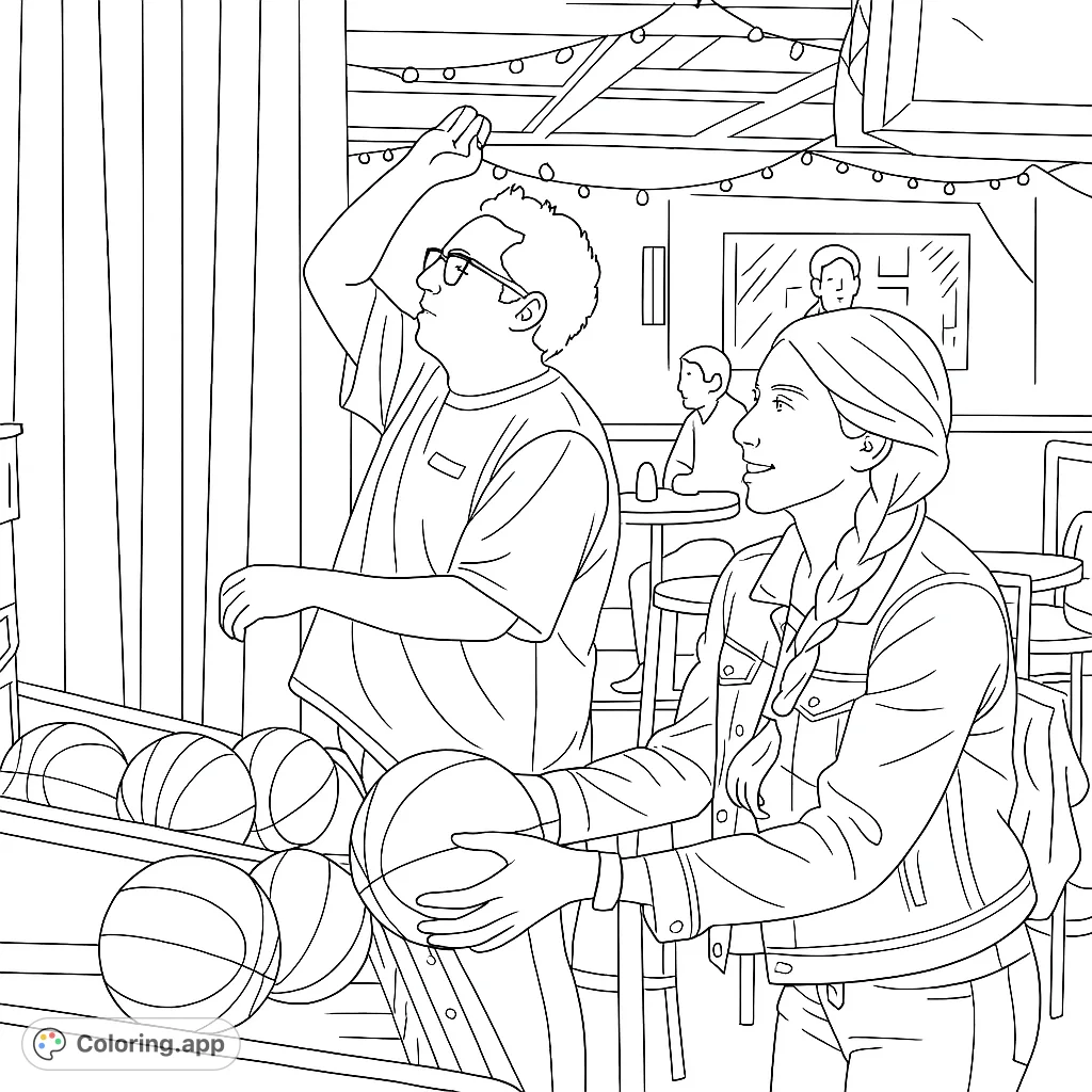 Two friends enjoy an arcade basketball game, capturing a moment of fun and friendly competition in a lively setting.