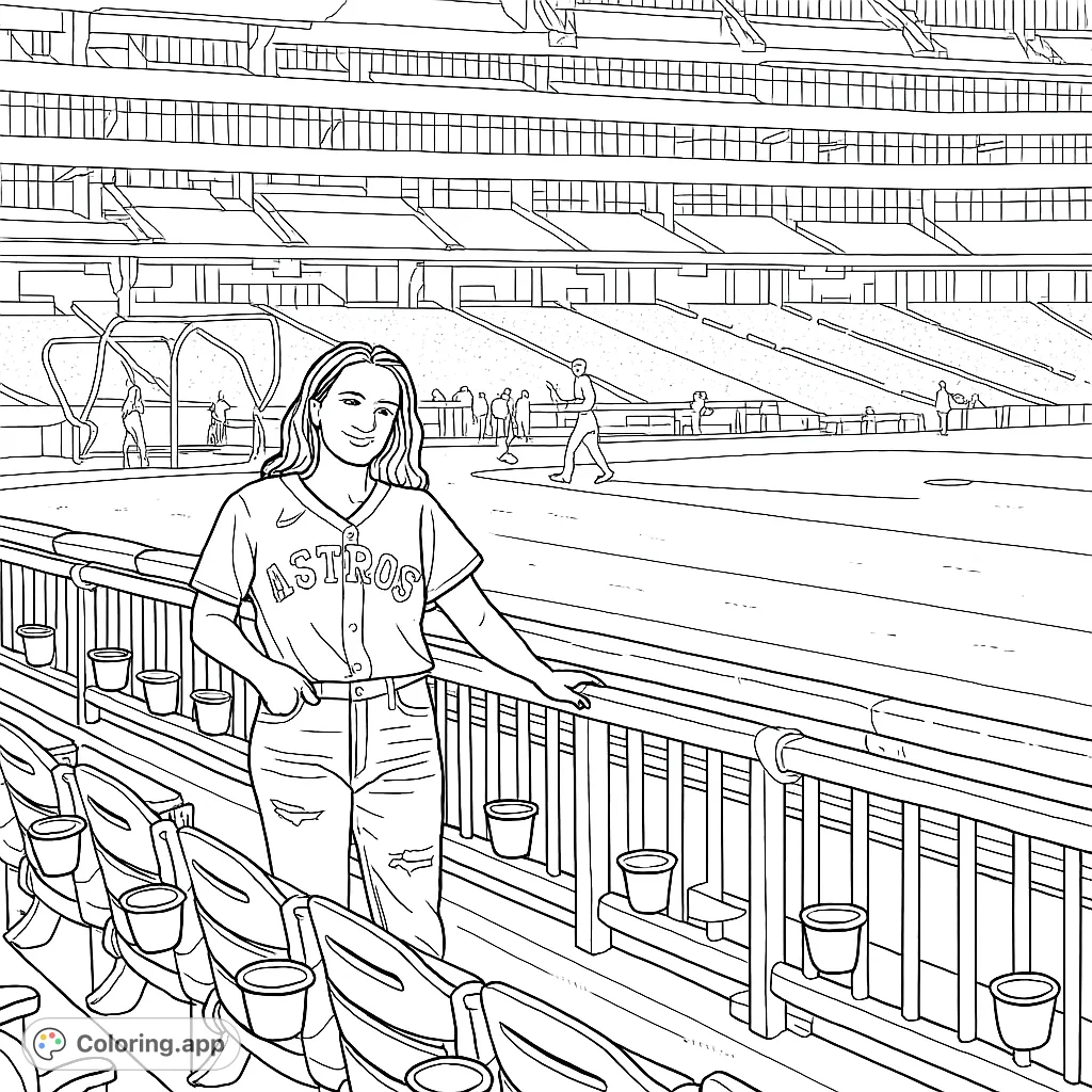 A baseball fan stands in the stadium stands, overlooking the field. Features detailed seating, railing, and distant players for a fun coloring experience.