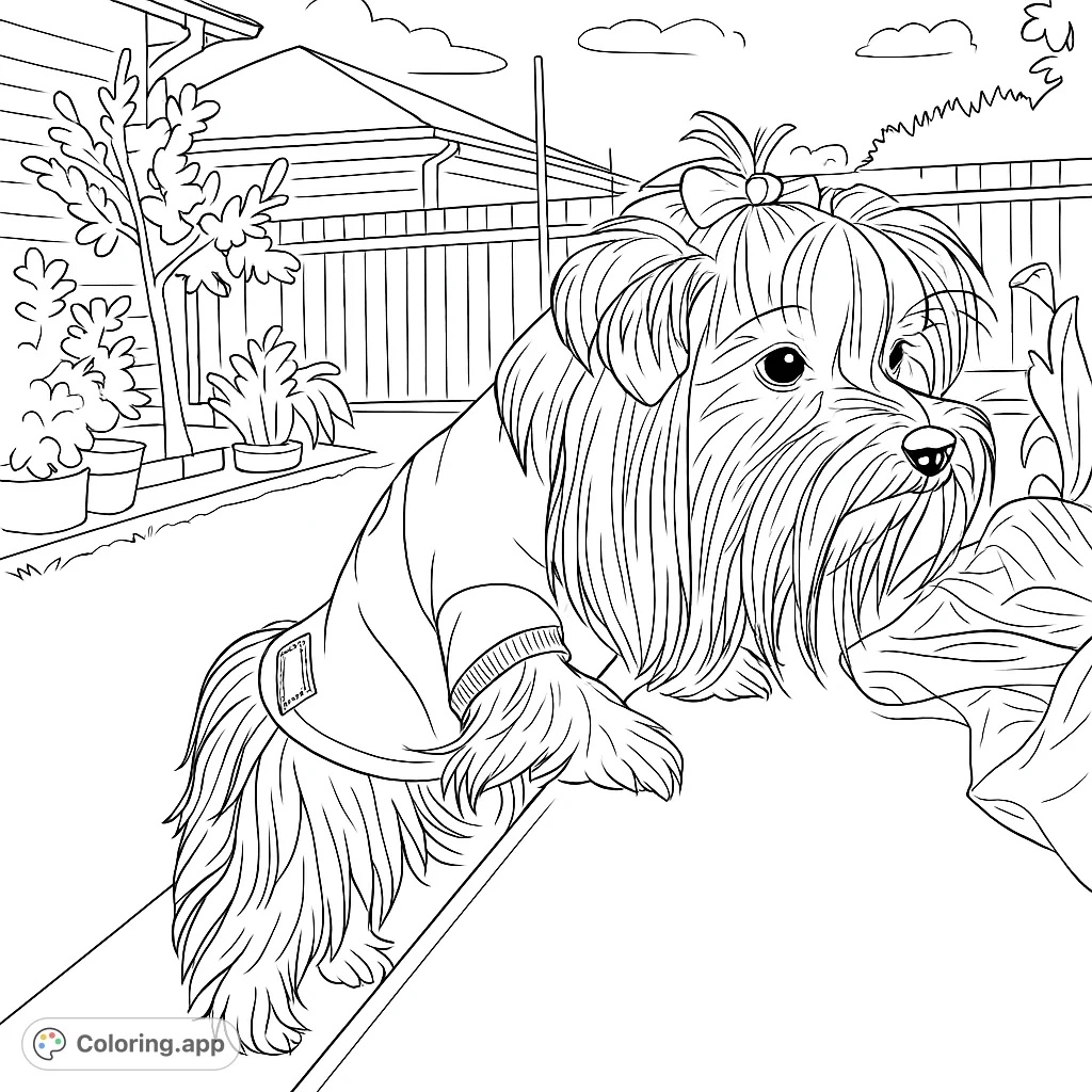 A charming Yorkie dog in a shirt, paws on a table, exploring a backyard scene. Perfect for dog lovers and detailed coloring fun.