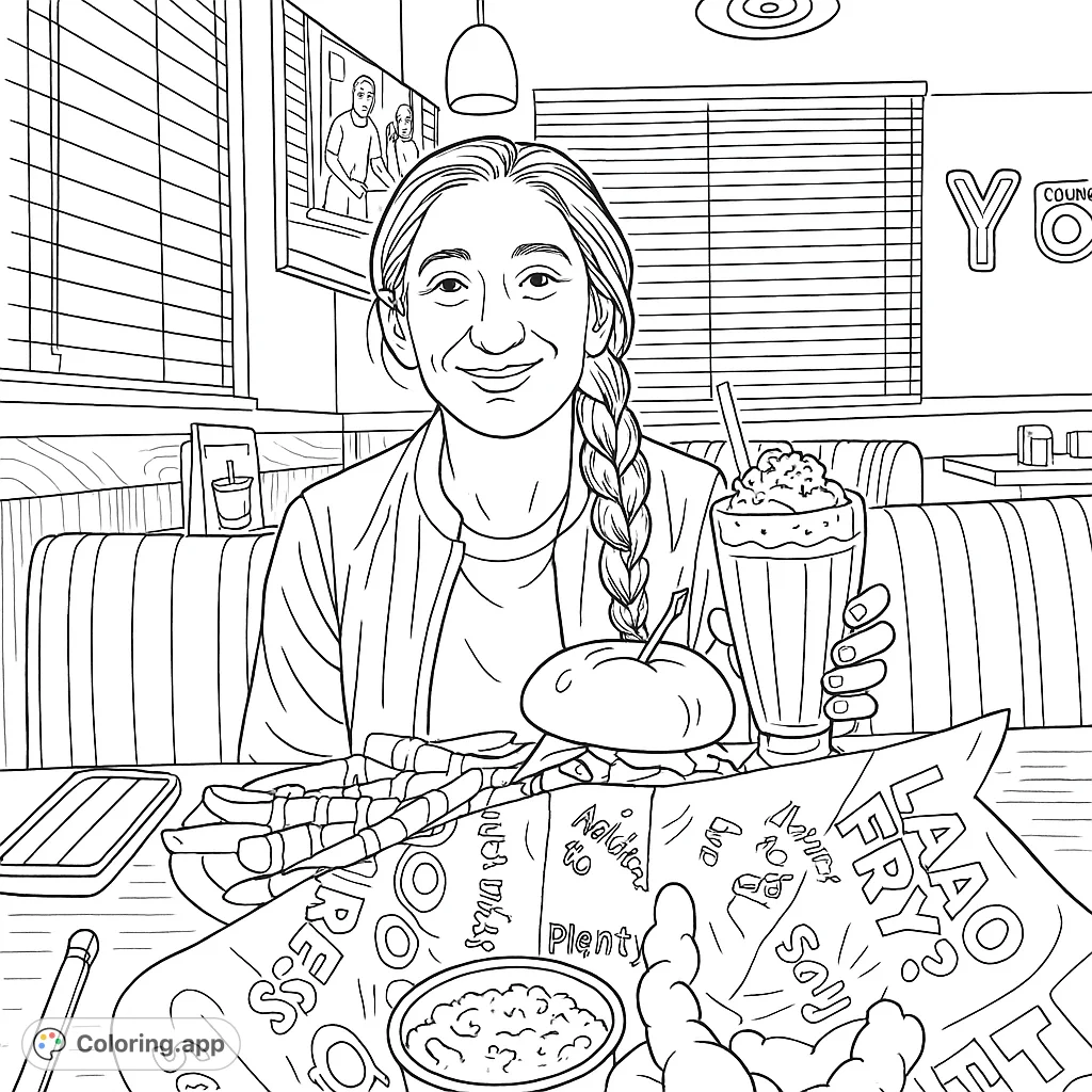 A happy diner enjoys a delicious burger, fries, and milkshake in a lively restaurant setting. Perfect for foodies and casual coloring fun.