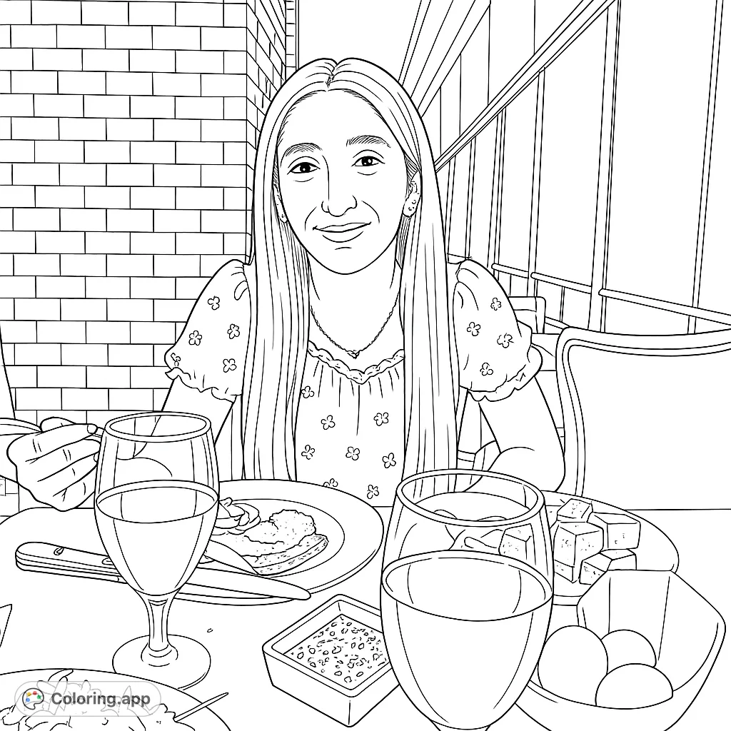 A delightful restaurant scene featuring a smiling woman, a table laden with food and drinks, and detailed background elements, perfect for a relaxing coloring experience.