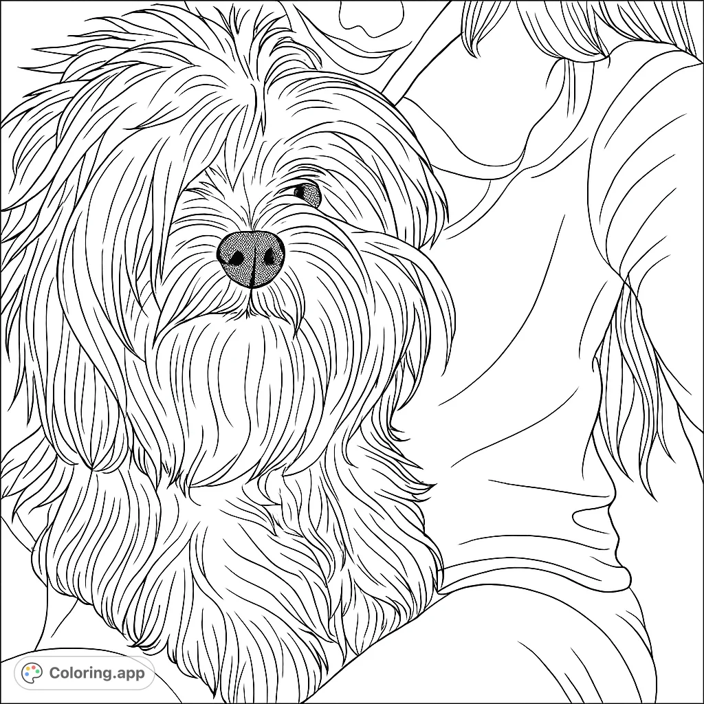 An adorable fluffy Yorkshire Terrier coloring page, featuring its shaggy fur and cute nose, held by a person. Perfect for dog lovers!