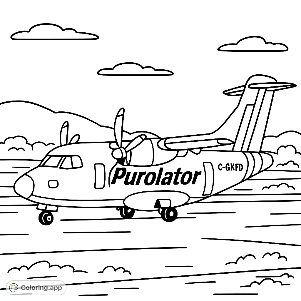 Soar into creativity with this airplane coloring page! A detailed propeller plane awaits your colors on a runway, with mountains in the background.