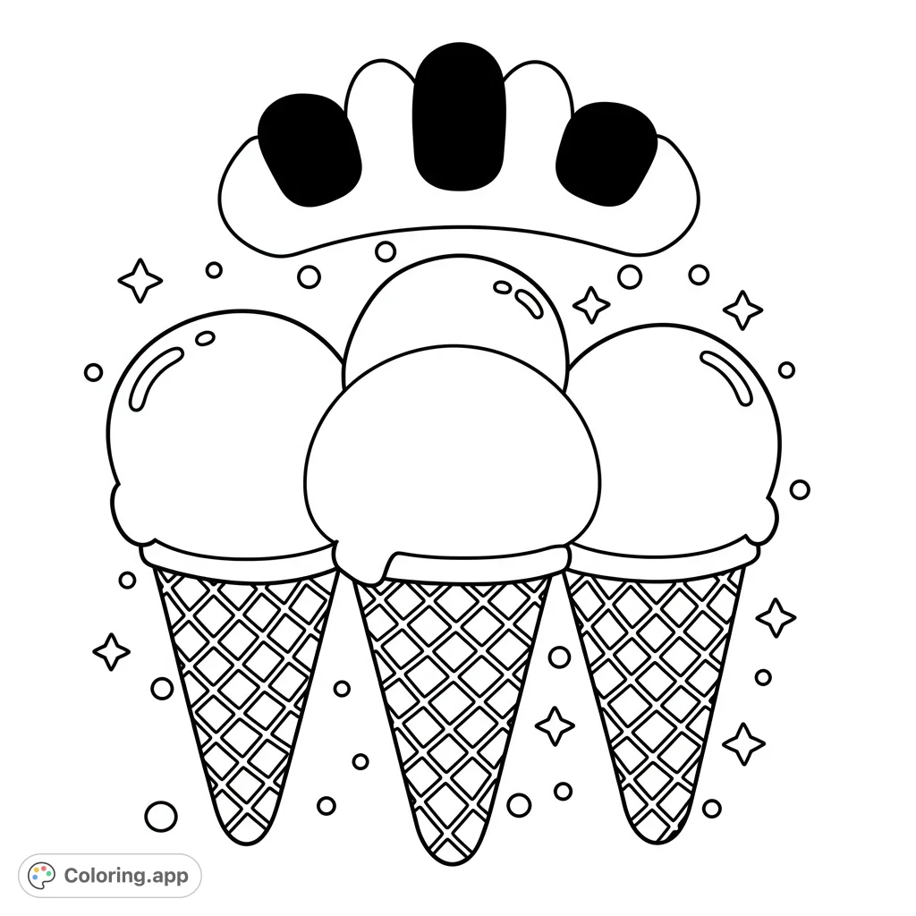 A delightful gelato coloring page featuring a fun logo and three blank cones for kids to design their own sweet treats. Perfect for creative fun!