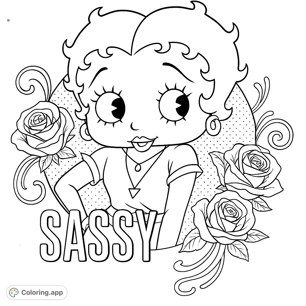 Color this iconic character with her signature style, surrounded by elegant roses and a bold statement. A fun, free printable for fans.