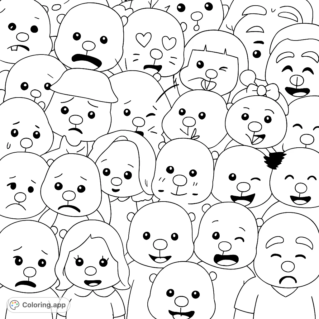 A fun, whimsical coloring page featuring a dense crowd of unique, blob-shaped characters with diverse expressions and quirky details, perfect for creative coloring.