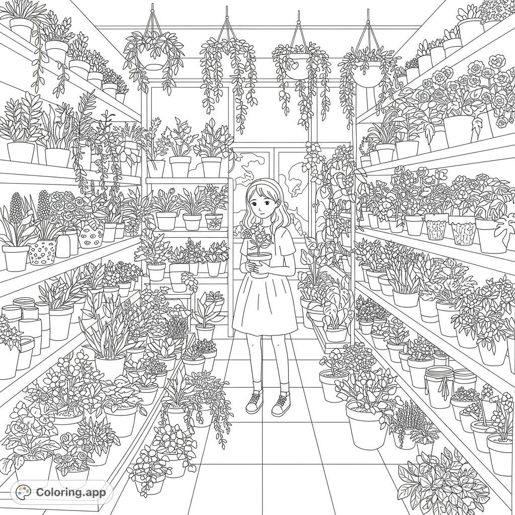 Explore a bustling plant store with a young girl holding a potted plant. Shelves overflow with diverse foliage, perfect for a relaxing nature-themed coloring page.