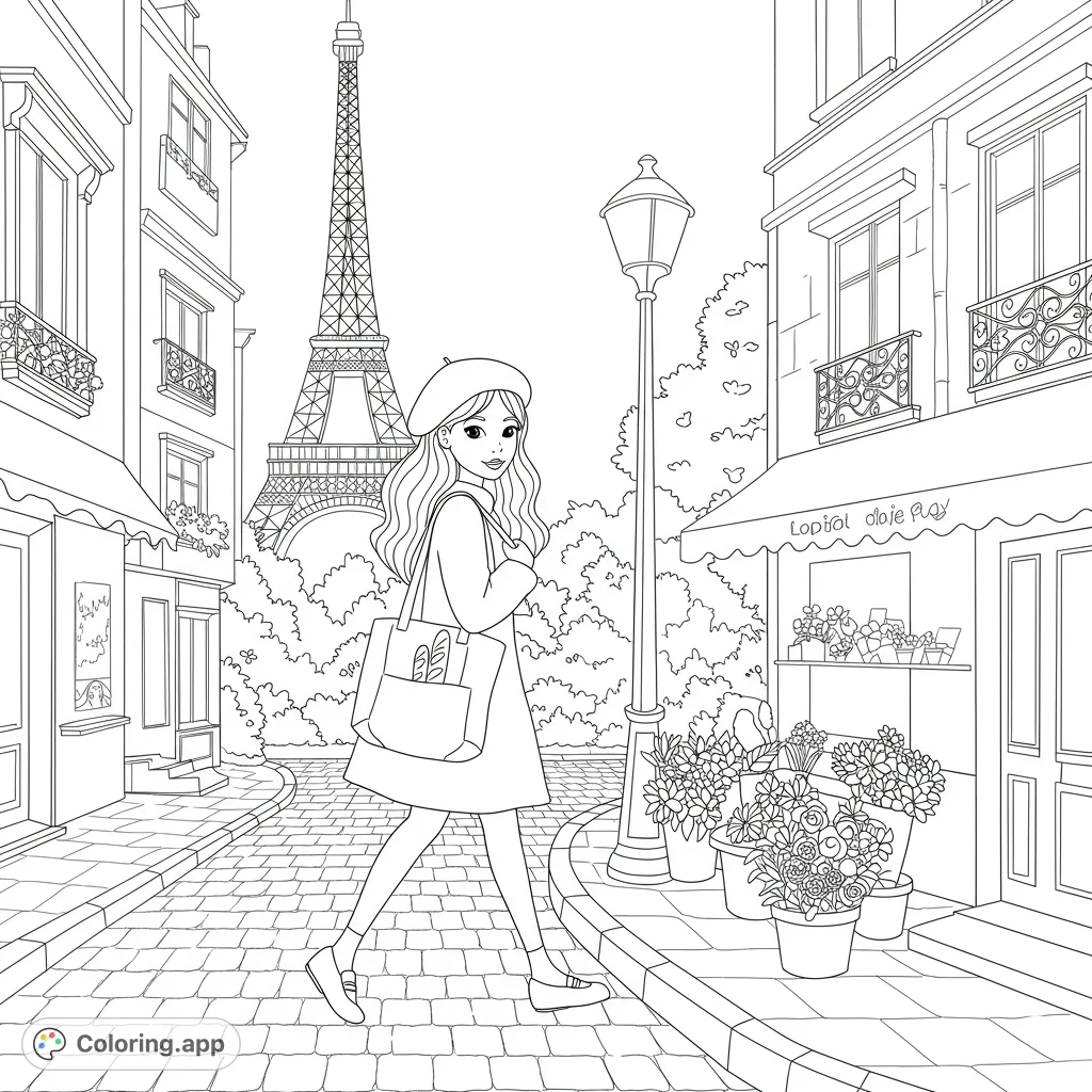A delightful Paris coloring page featuring a girl with a beret and baguette strolling past a flower shop with the Eiffel Tower in the background. Free printable coloring page for all ages.