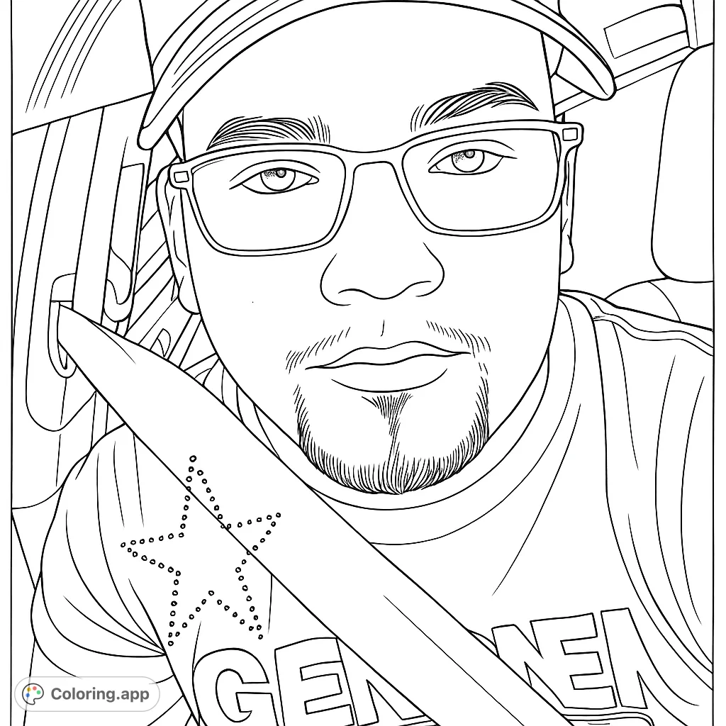 Color a detailed portrait of a man wearing glasses and a cap in a car, featuring a goatee and a seatbelt. Perfect for personal expression.