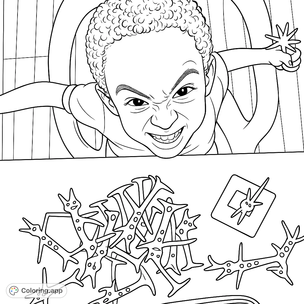 A delightful coloring page featuring a playful child with a mischievous smile, surrounded by a fun assortment of balancing toy figures. Perfect for creative kids!