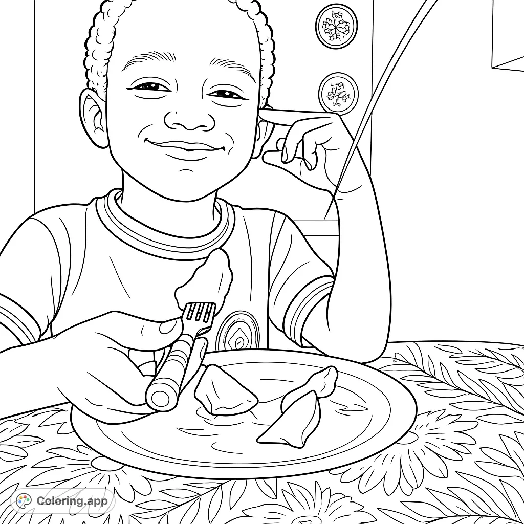 A delightful coloring page featuring a happy boy enjoying mango, perfect for teaching healthy eating and sparking joy with vibrant colors.