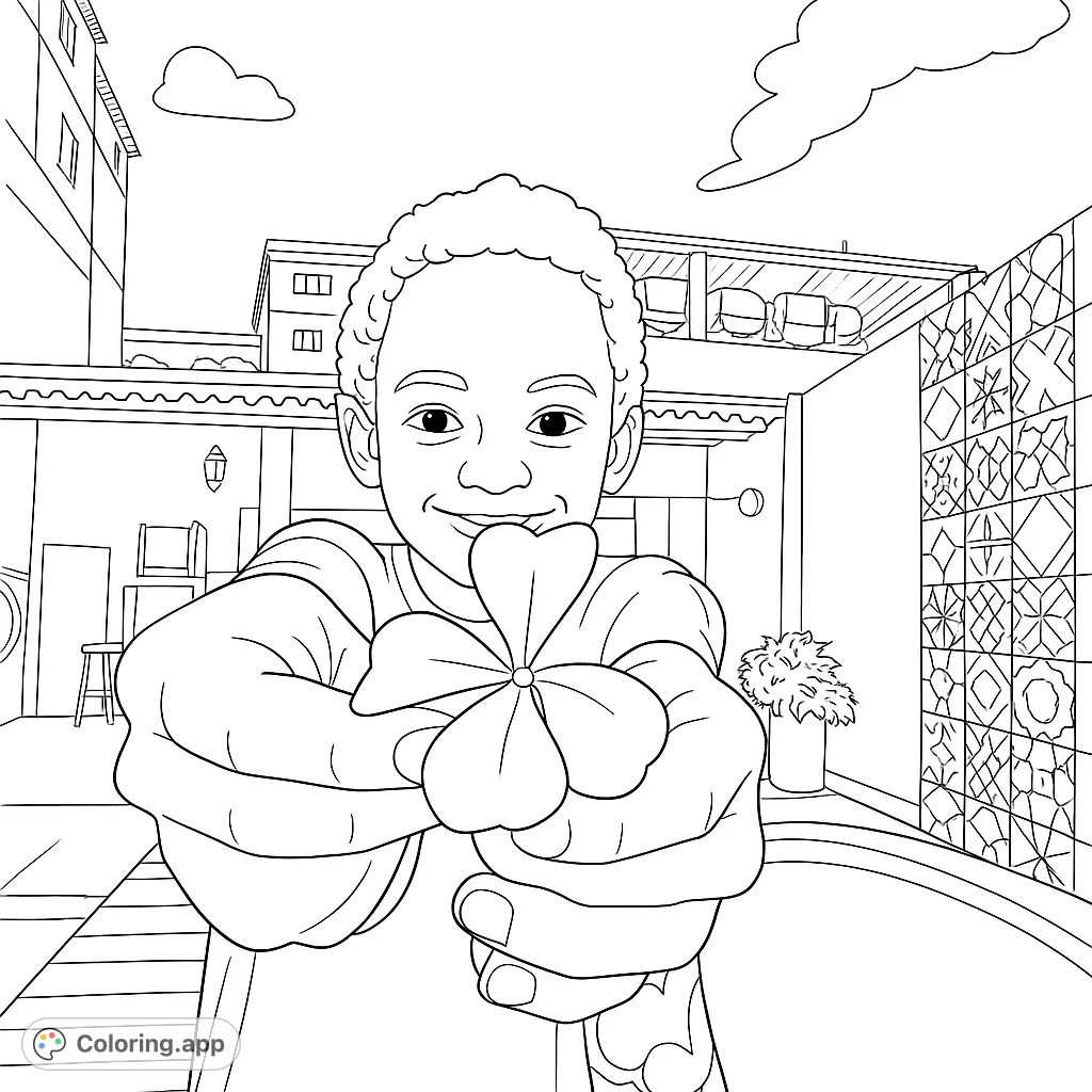 A cheerful boy extends a beautiful four-petal flower, inviting you to add vibrant colors to his world. Features a patterned wall and pool background.