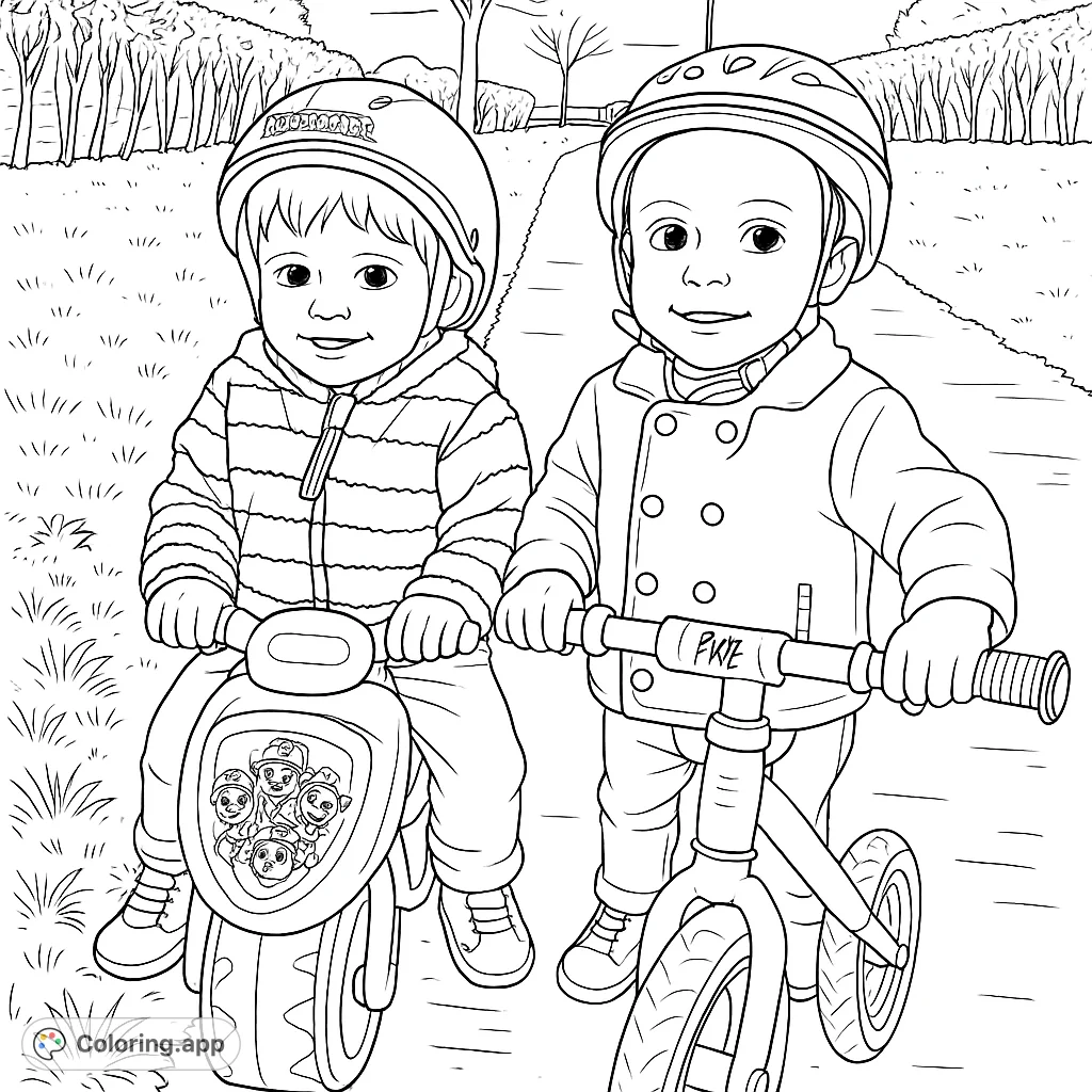 Two happy boys on their bikes, ready for an outdoor adventure. Features detailed helmets, clothing, and a scenic park path.