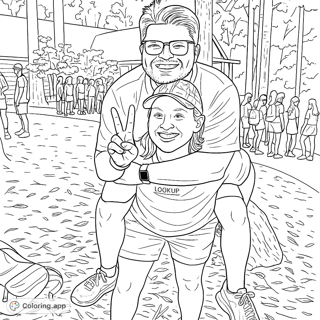 A heartwarming forest scene with two friends enjoying a piggyback ride, smiling brightly. Perfect for a fun, outdoor adventure coloring page.
