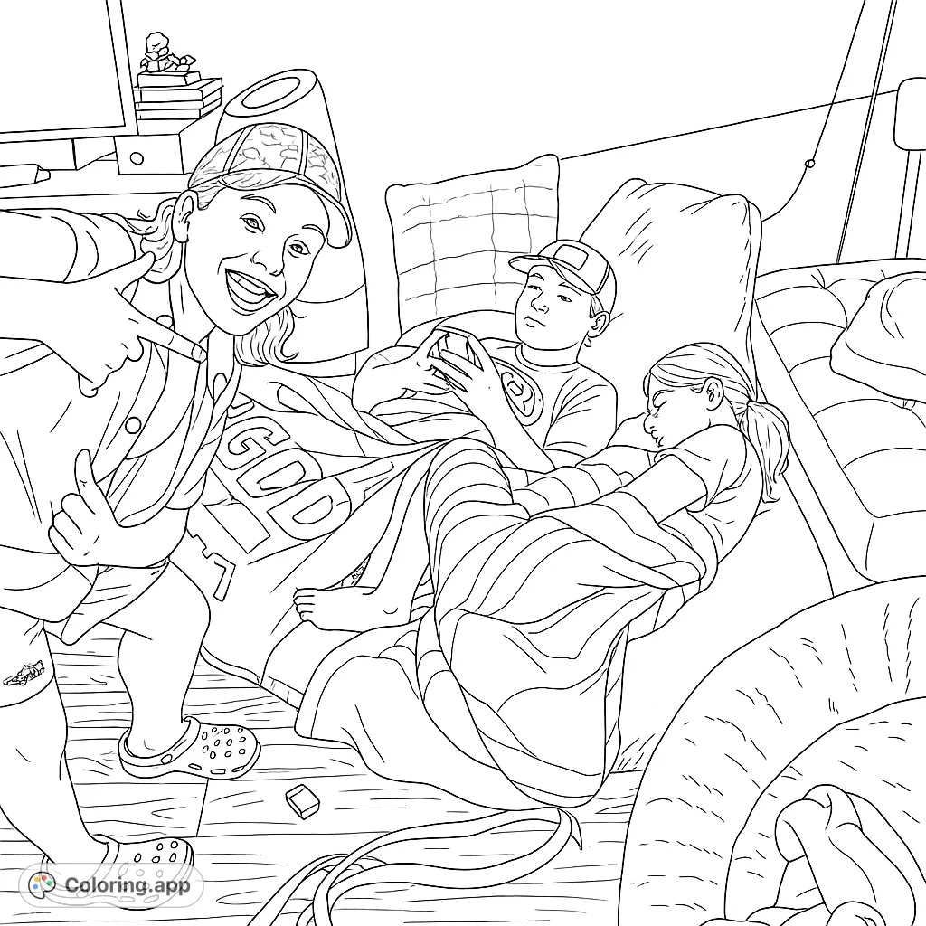 A cozy hangout scene with three friends relaxing on a couch, perfect for a fun and engaging coloring experience.