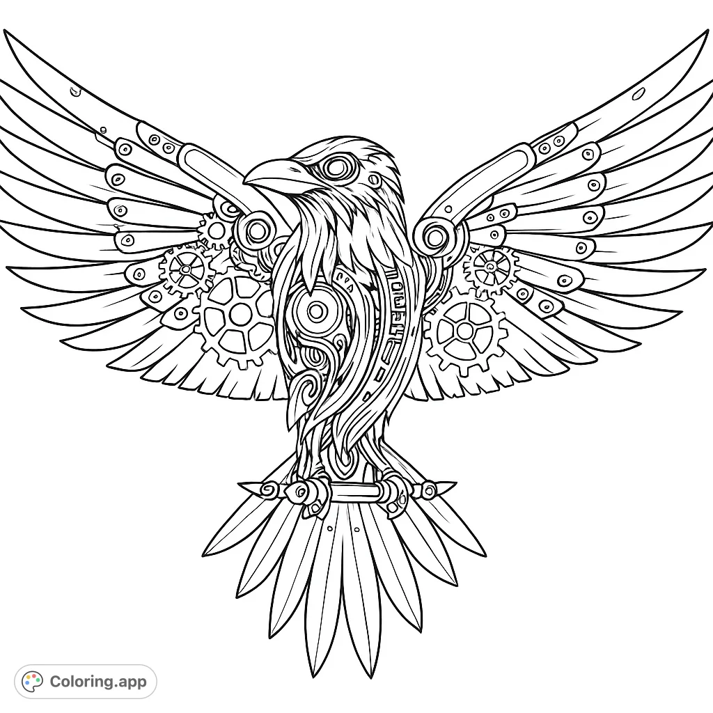 An intricate steampunk raven with detailed mechanical wings, gears, and pipes, offering a challenging and rewarding coloring experience.