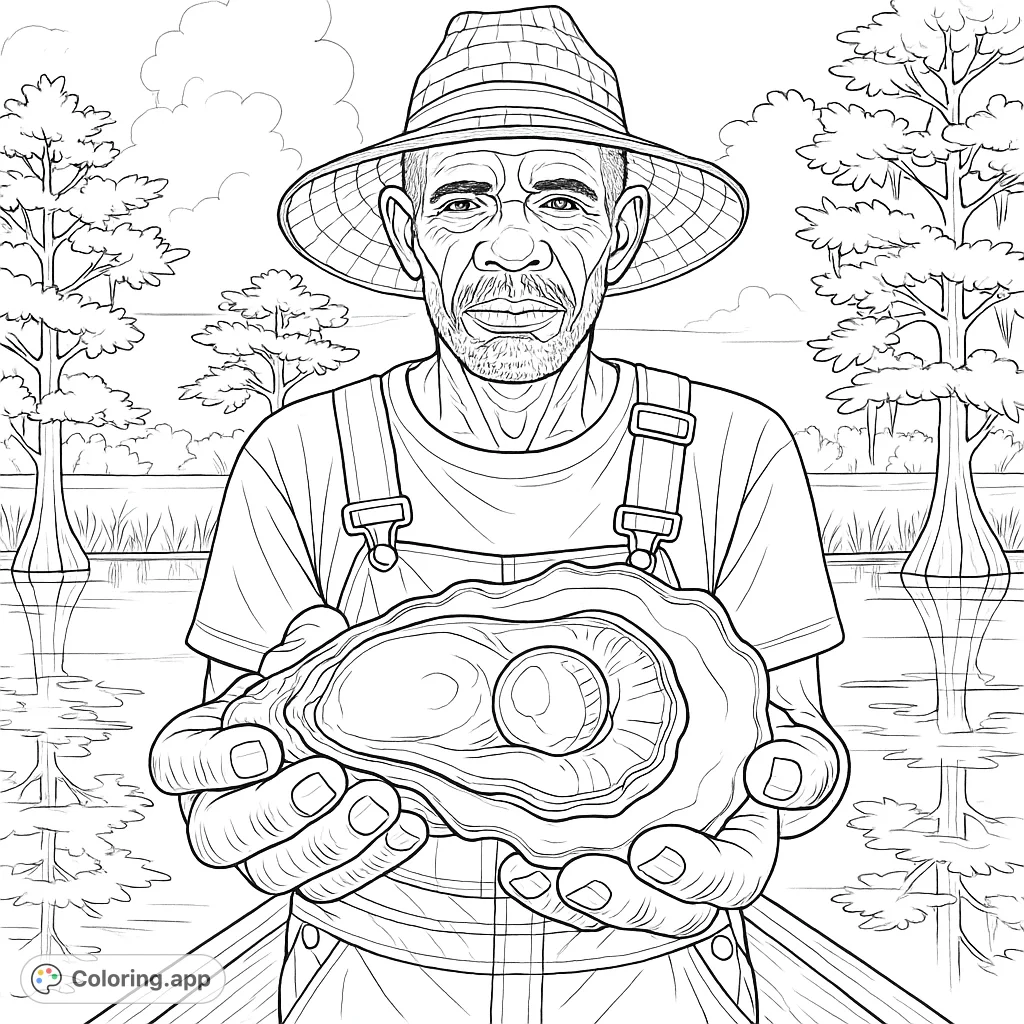 A detailed bayou scene featuring an older man in a straw hat holding a large oyster, set against cypress trees and calm water. A unique nature portrait coloring page.