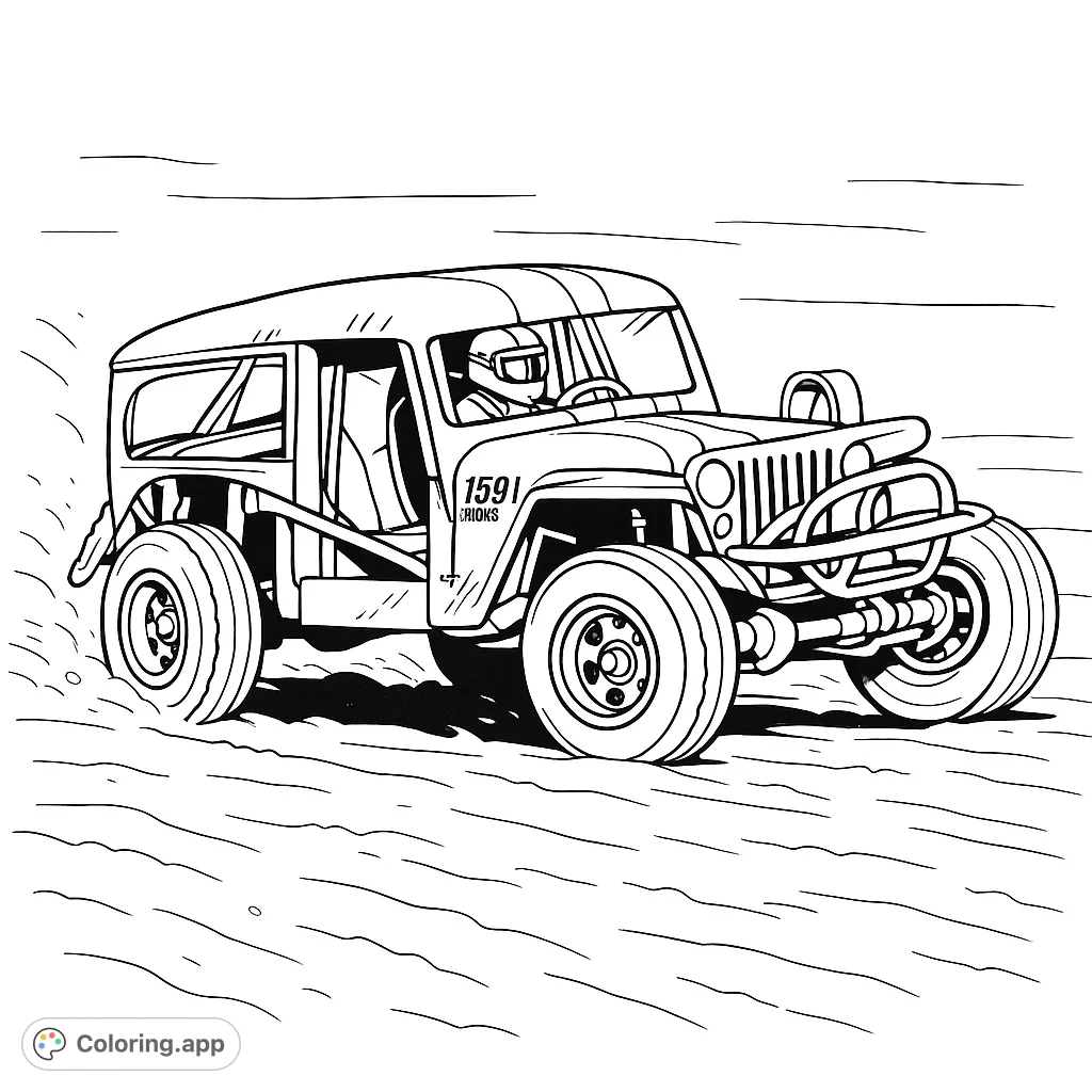 Color a powerful custom race car kicking up dirt on a rugged track. Features a roll cage, large tires, and a bold design, perfect for vehicle enthusiasts.