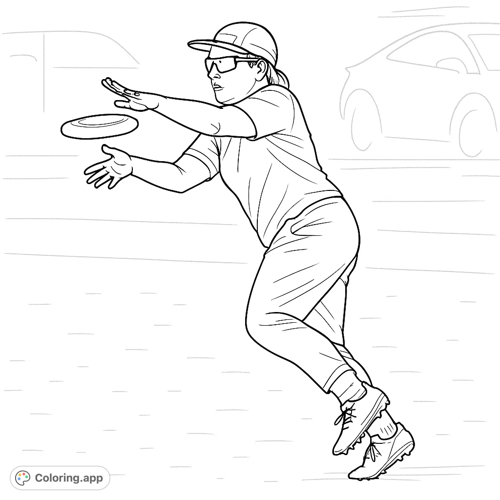 Dynamic ultimate frisbee action! A person in mid-air reaches for a disc on a grassy field, perfect for sports enthusiasts to color.