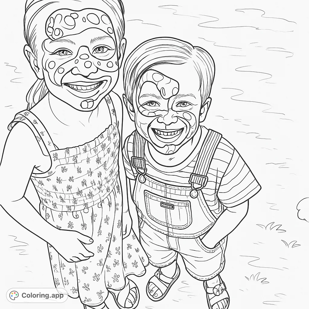 Two happy kids with cool snake face paint designs, ready for a fun coloring adventure! Features a girl with a large snake and a boy with a coiled snake.