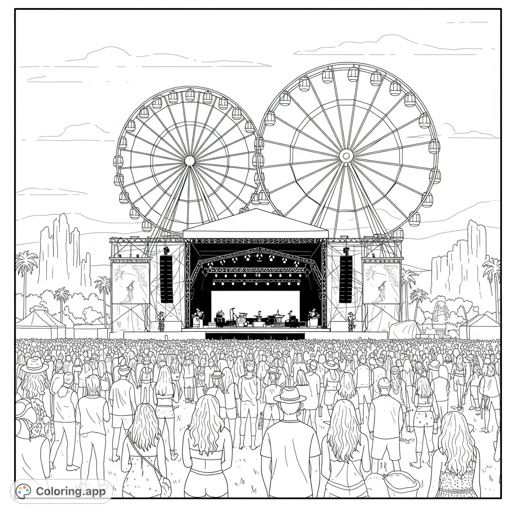 Immerse yourself in the vibrant energy of a desert music festival. A detailed Coachella coloring page featuring a stage, crowd, and iconic Ferris wheel.