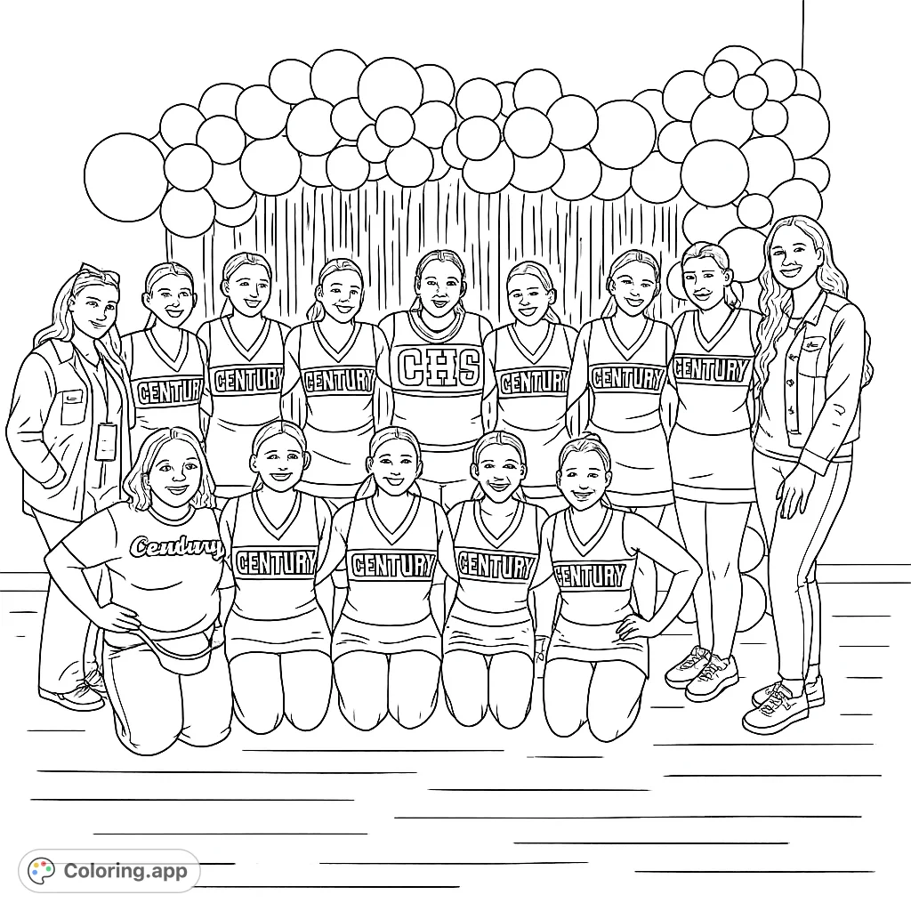 Celebrate team spirit with this cheerleading squad coloring page! Features a group of athletes and coaches posing with a fun balloon arch, ready for your creative colors.