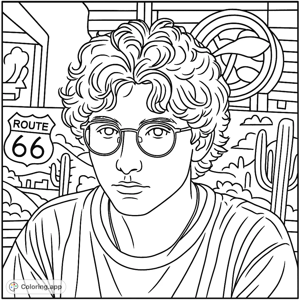 A captivating portrait of a young person with curly hair and round glasses, perfect for a detailed coloring experience. Features intricate hair and expressive eyes.