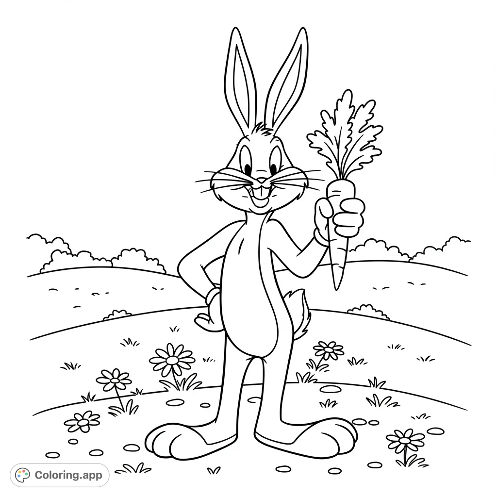 A delightful Bugs Bunny coloring page featuring the iconic rabbit winking and holding a carrot in a charming field with rolling hills and daisies. Perfect for cartoon fans!
