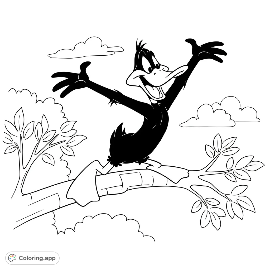 A fun Daffy Duck coloring page featuring the iconic character mid-squawk on a tree branch with simple leaves and fluffy clouds, perfect for all ages.
