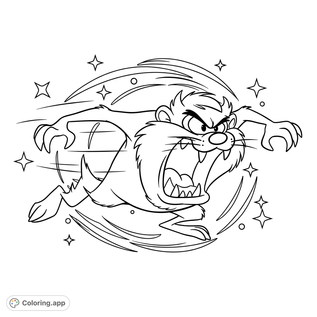 Experience the wild energy of the Tasmanian Devil spinning in a dynamic vortex! A fun, energetic black and white line art for all ages.