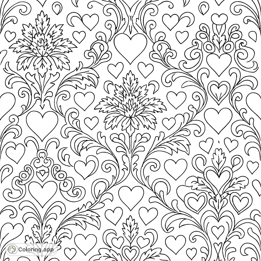 An intricate damask pattern featuring elegant floral motifs, swirling scrollwork, and subtle heart patterns, perfect for detailed coloring.