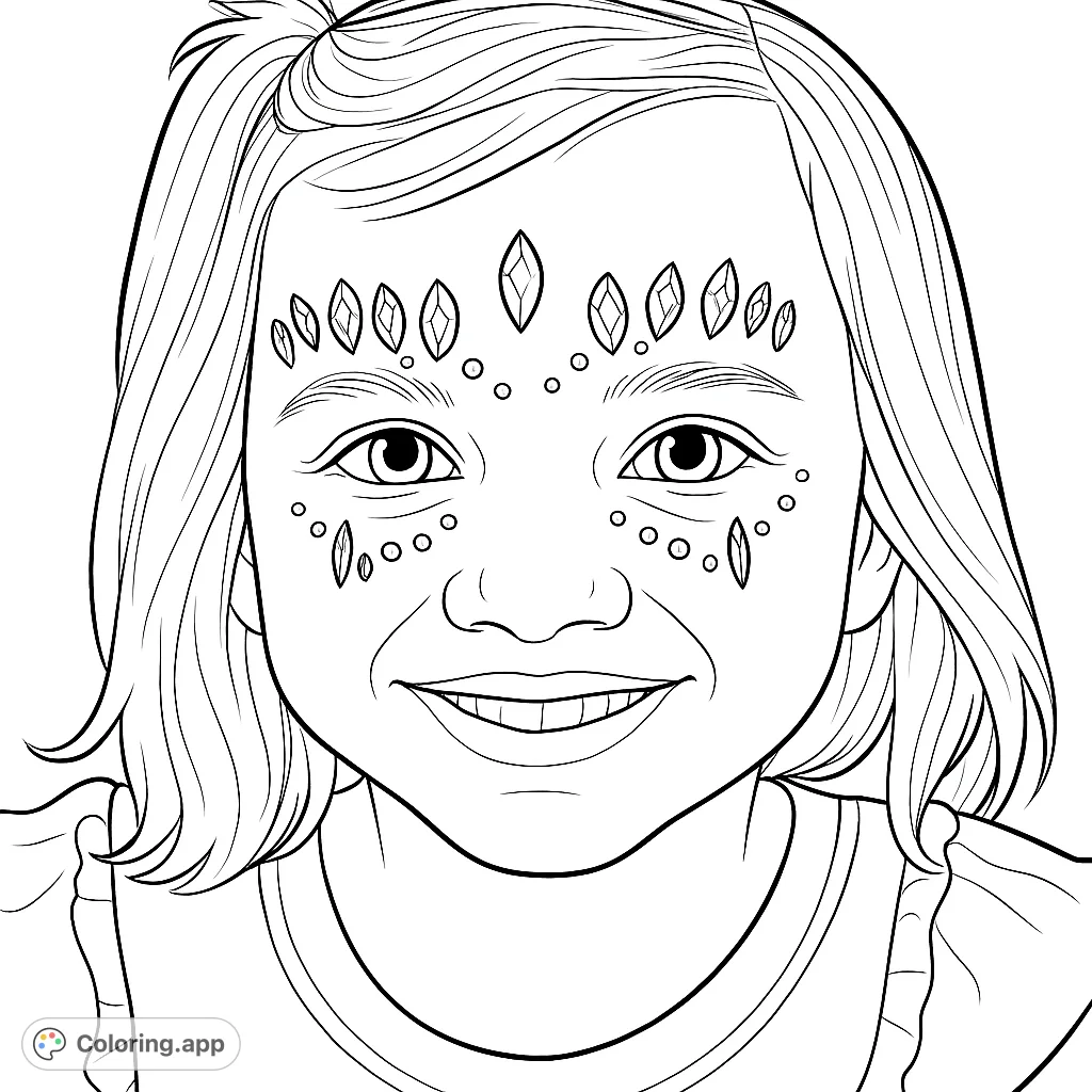 A smiling child adorned with sparkling face gems, perfect for a magical coloring adventure.