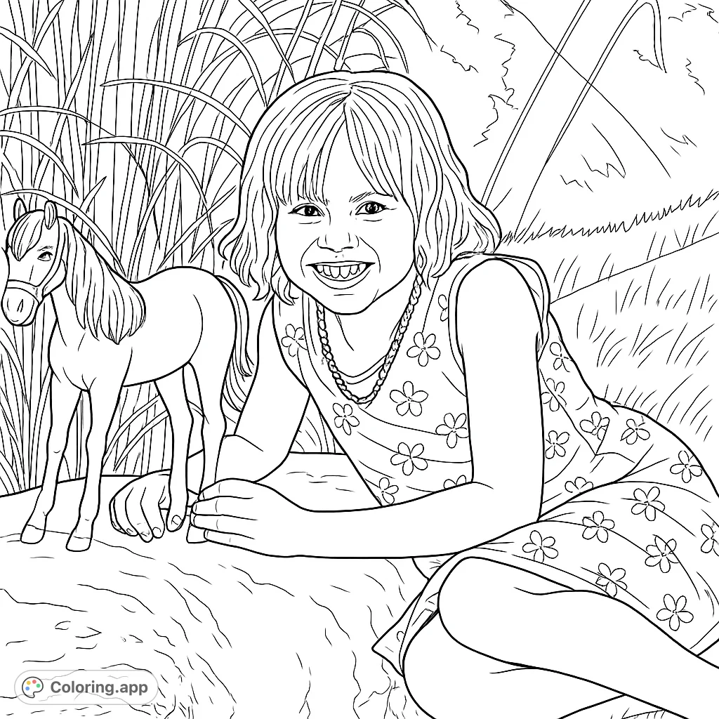A joyful girl and her toy horse on a rock, surrounded by nature. Perfect for a fun, imaginative coloring adventure.