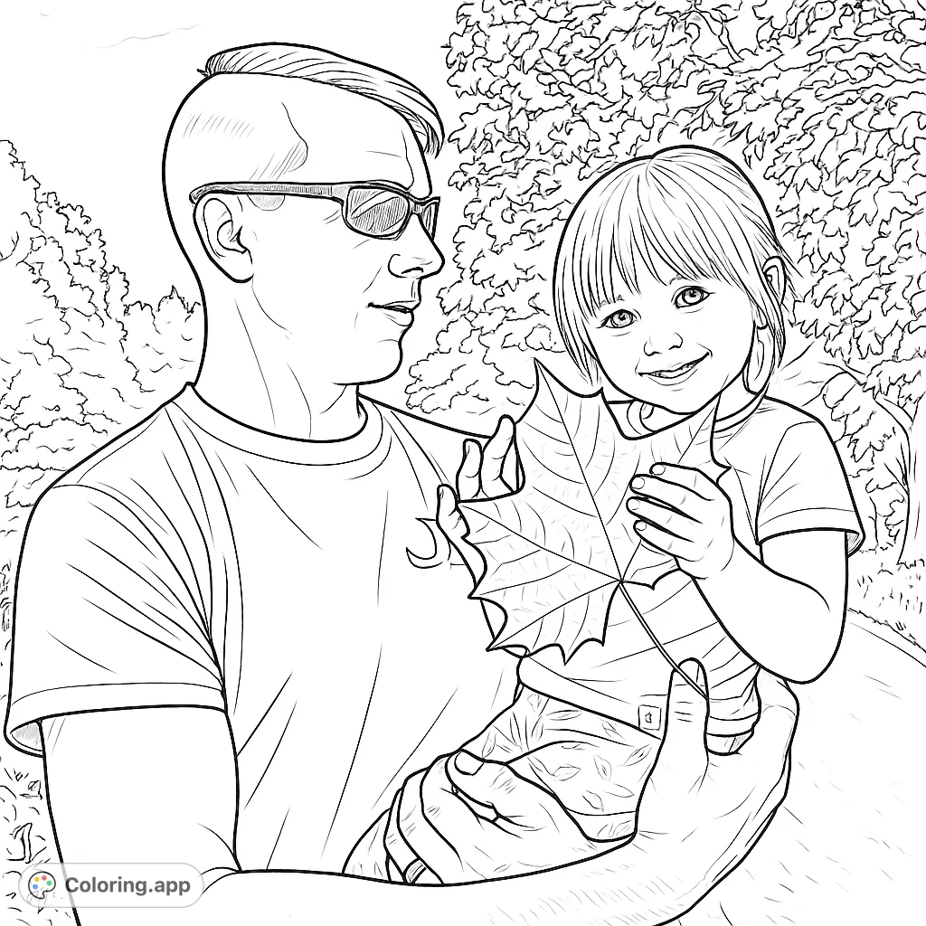 A heartwarming autumn scene featuring a father holding his child, who proudly displays a beautiful fall leaf. Perfect for family and nature lovers.