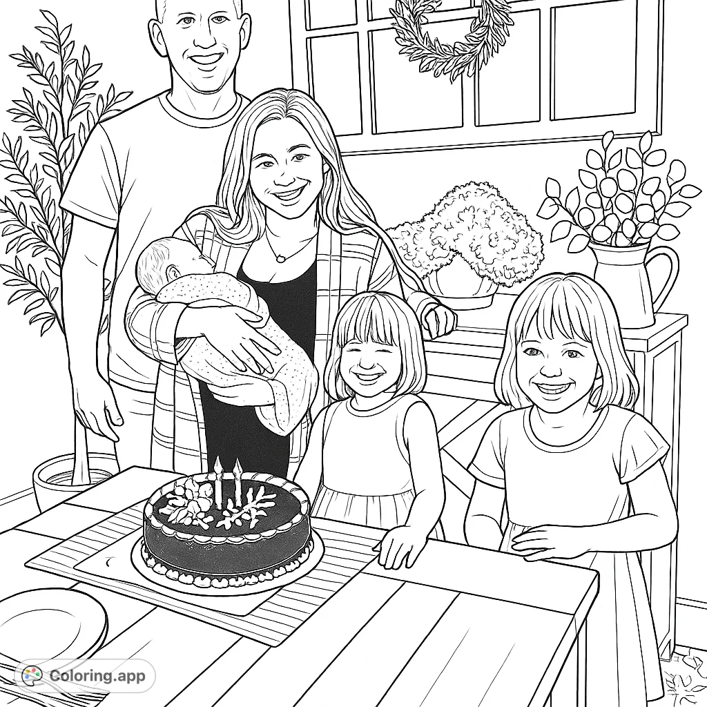 Celebrate family joy with this heartwarming coloring page featuring a happy family, a newborn baby, and a festive birthday cake. Perfect for all ages!
