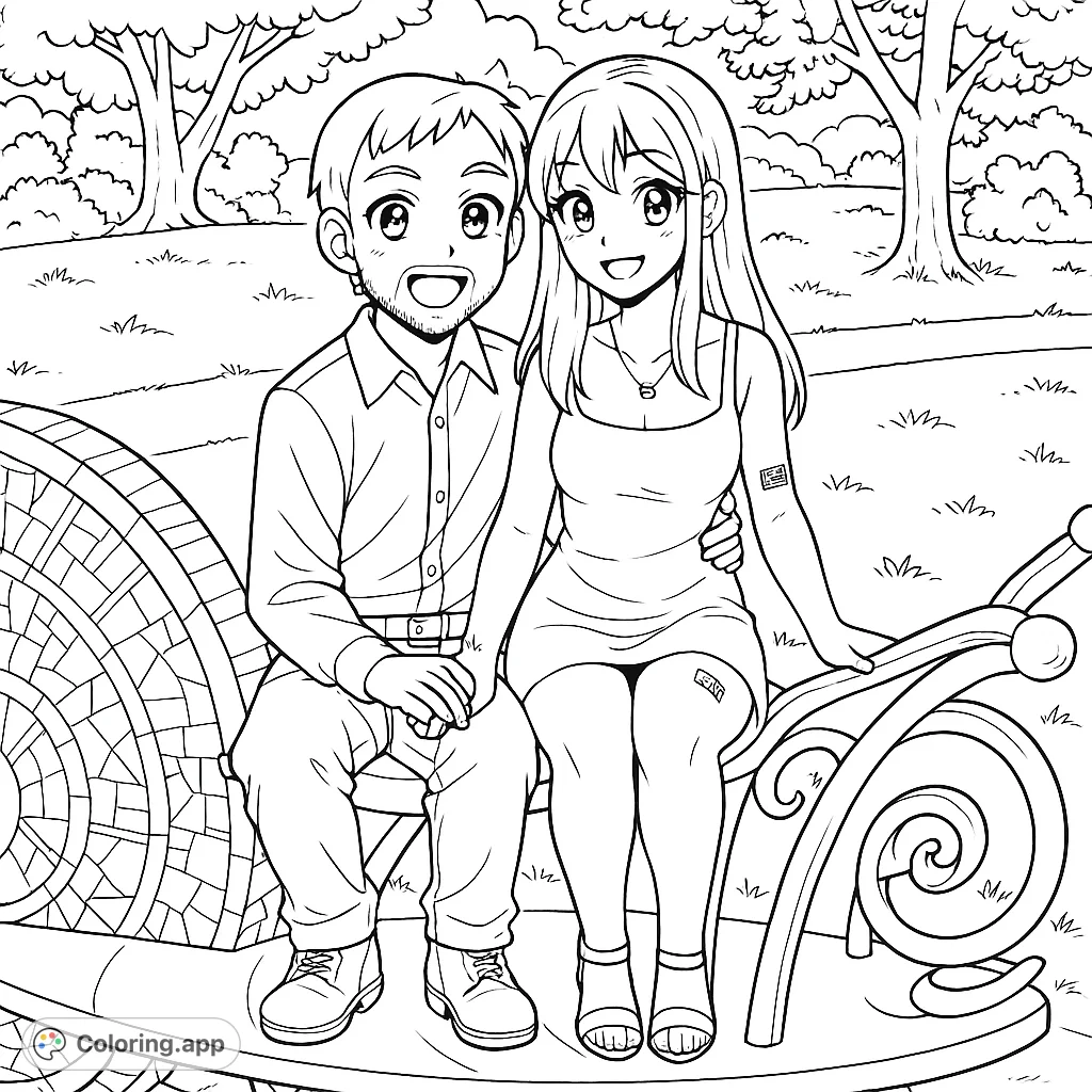 A whimsical anime couple enjoys a sunny day on a unique park bench. Perfect for adding vibrant colors and playful details.