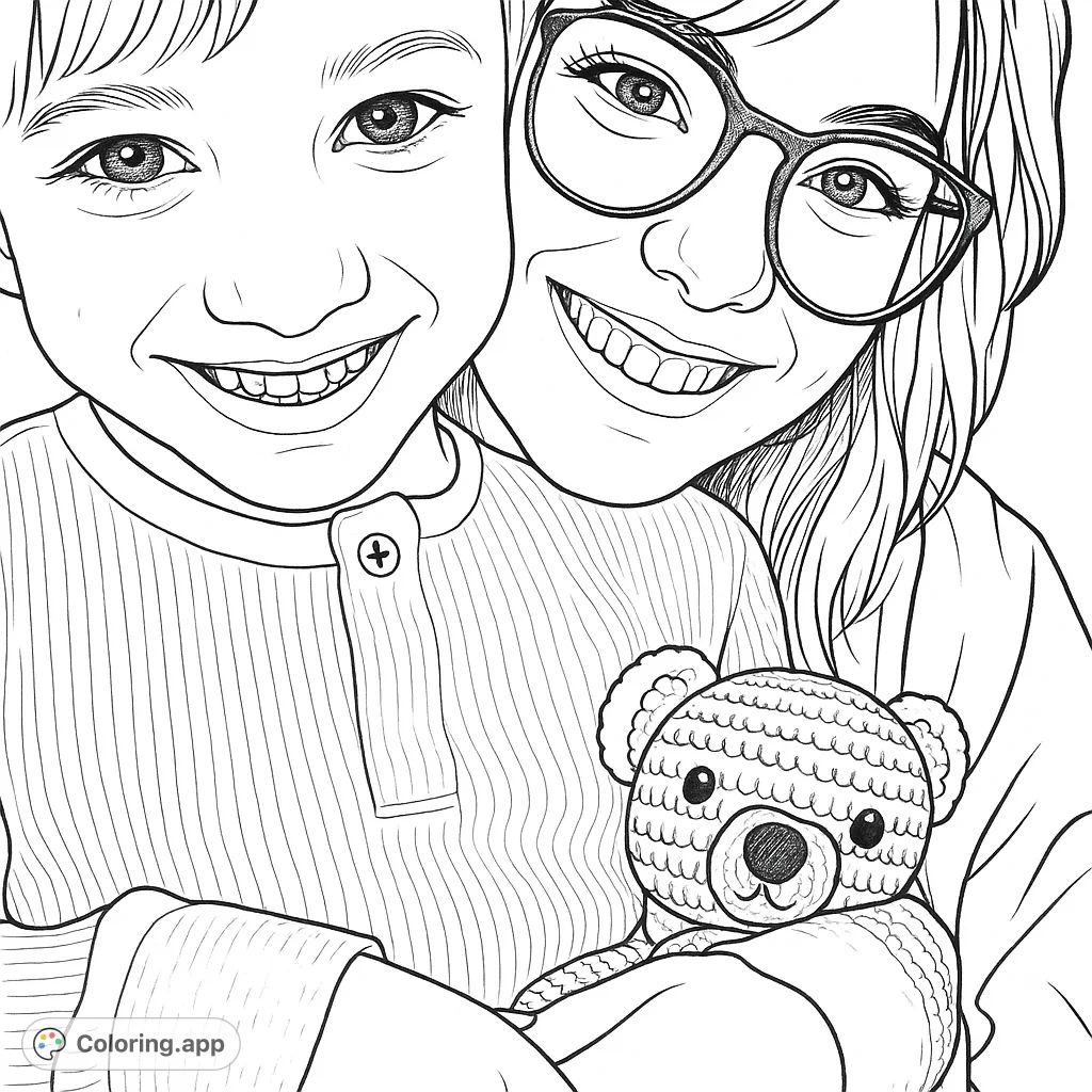 A heartwarming family embrace featuring a child, an adult, and a cute crocheted koala toy, perfect for a joyful coloring experience.