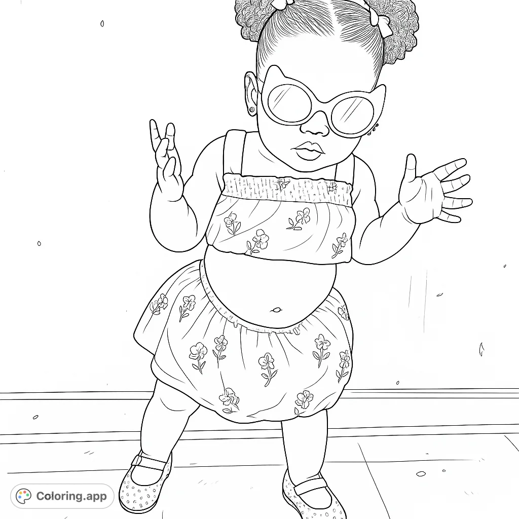 A charming toddler in a floral outfit and fun cat-eye sunglasses, striking a playful pose. Perfect for a cute and stylish coloring page adventure!