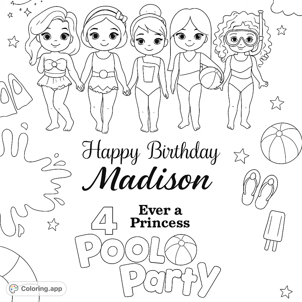 Five cheerful princess-like girls in swimsuits enjoying a vibrant pool party with fun accessories like a beach ball, flippers, and a rainbow.