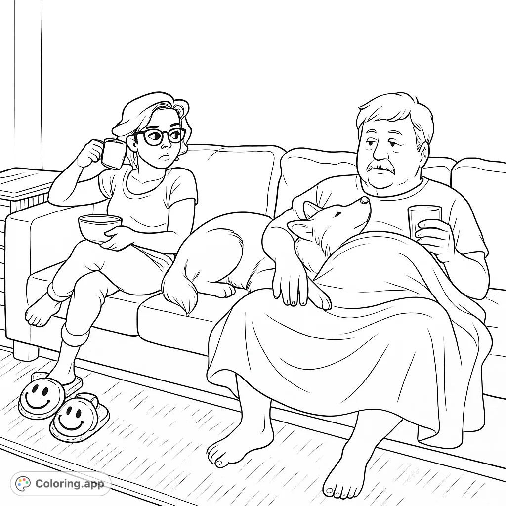 A heartwarming cozy scene featuring two people and their husky dog relaxing on a sofa. Perfect for a relaxing coloring experience.