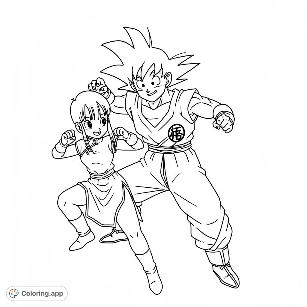 An action-packed Goku and Chi-Chi coloring page, featuring dynamic poses and bold lines, perfect for fans to bring to life with vibrant colors.