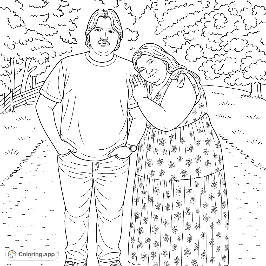A loving couple stands on a country path, surrounded by lush trees. Perfect for a romantic coloring page, inviting creative expression.