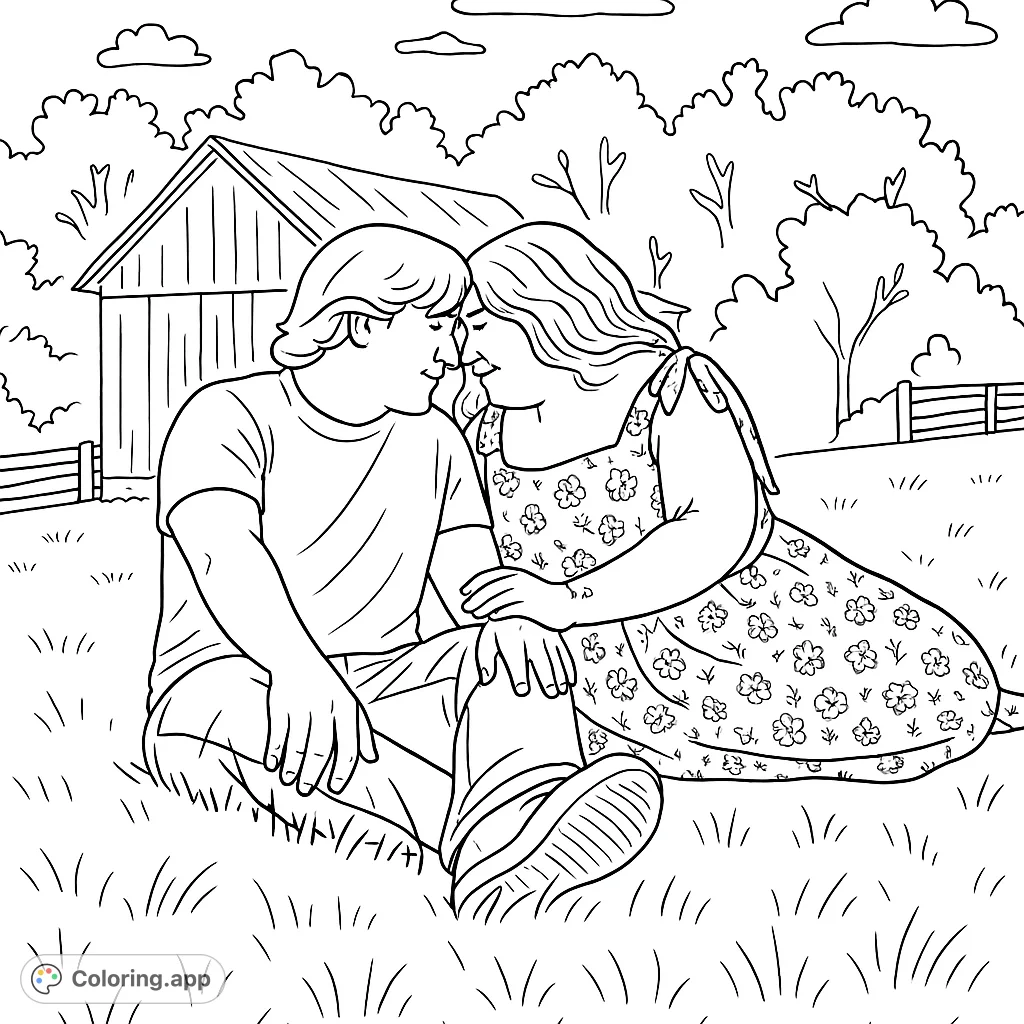 A romantic couple sits in a grassy field with a rustic barn backdrop, perfect for a charming love-themed coloring page.