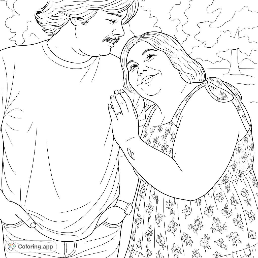 A tender couple's embrace, perfect for celebrating love. Features a man and woman in a sweet pose with a floral dress and ring detail.