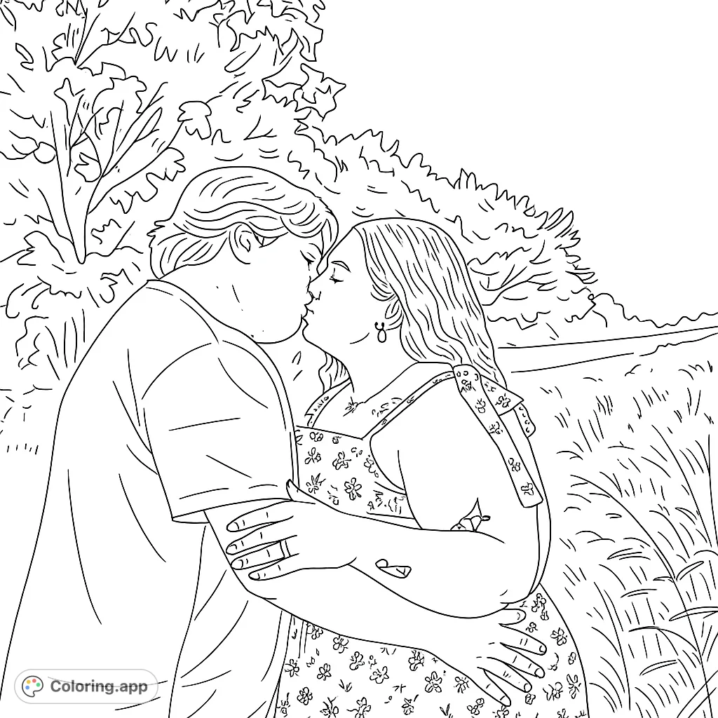 A tender moment captured: a couple shares a romantic kiss amidst a beautiful natural landscape, perfect for a love-themed coloring page.