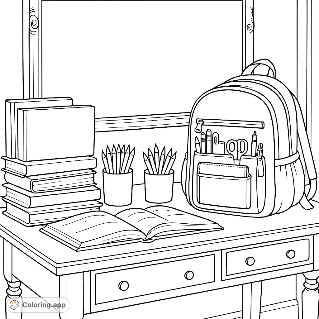 A vibrant school scene with a backpack, books, and pencils, ready for a new academic adventure. Perfect for young learners and nostalgic adults!